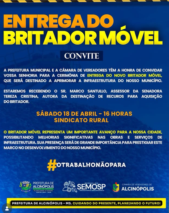 Imagem de compartilhamento para o artigo Alcinópolis recebe britador móvel e avança na infraestrutura do município da MS Todo dia